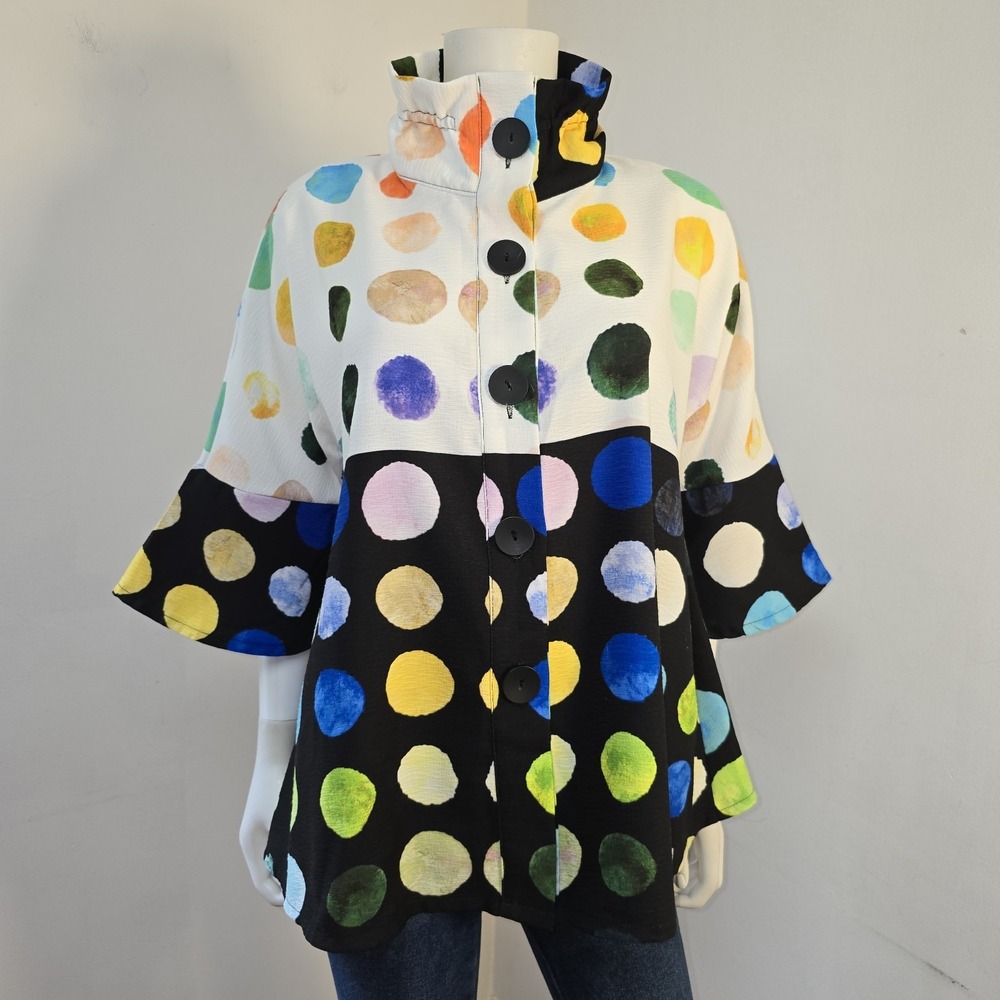 Damee Polka Dot Swing Jacket Size L Art to Wear Button Up 3/4 Sl Stand Up Collar